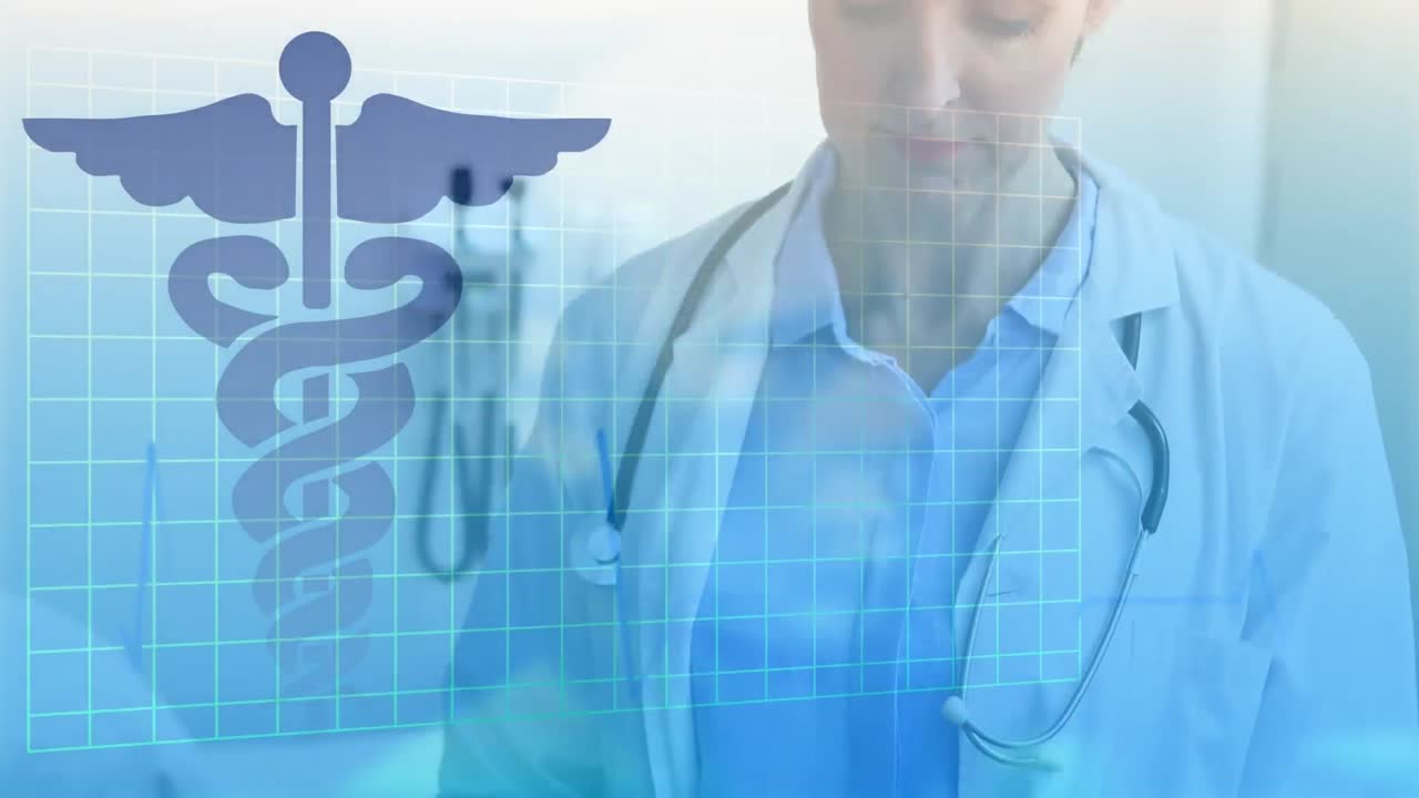 símbolo del médico caduceo sobre líneas de cuadrícula contra el retrato de una mujer médico con estetoscopio