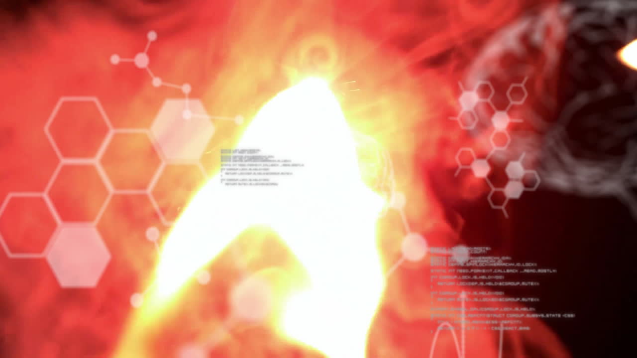 Processing data, bright light with molecular structures animation on red background