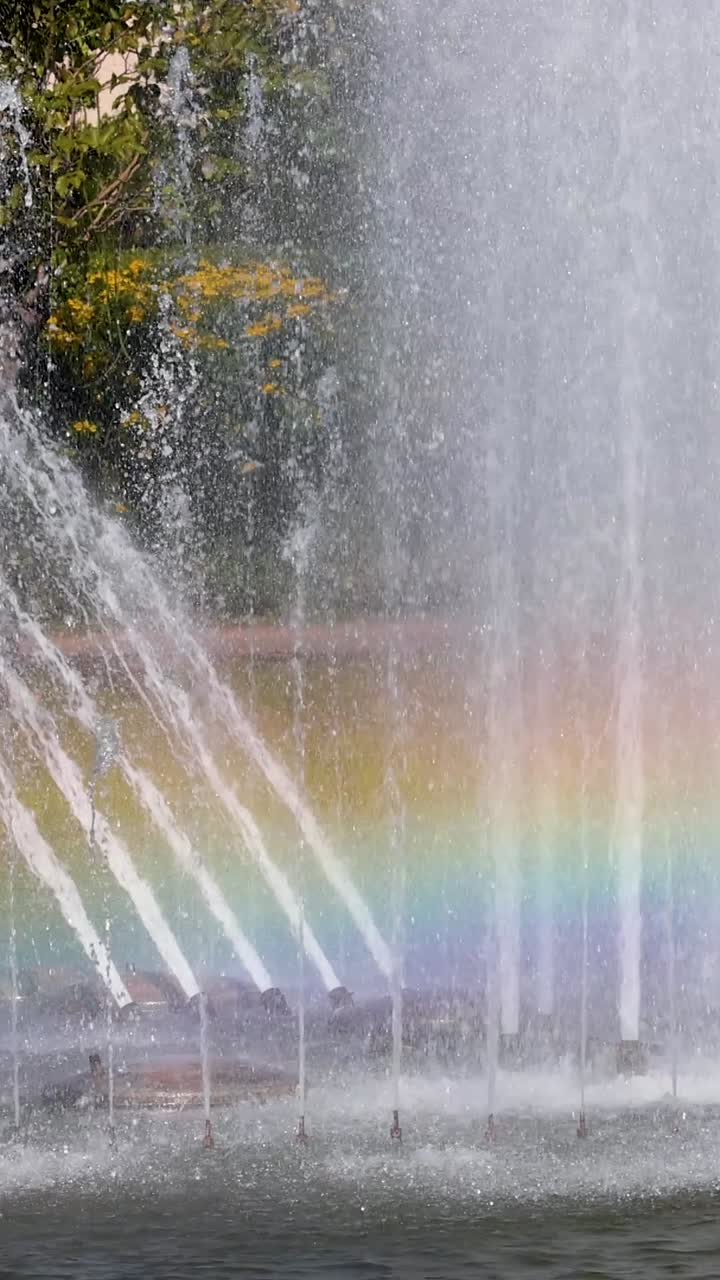 Colorful rainbow forms in fountain spray