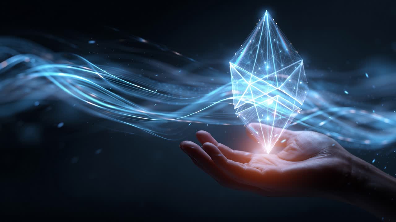 Glowing Ethereum cryptocurrency symbol hovering above a human hand with abstract futuristic blue light trails, representing the concept of digital finance, blockchain technology, and investment