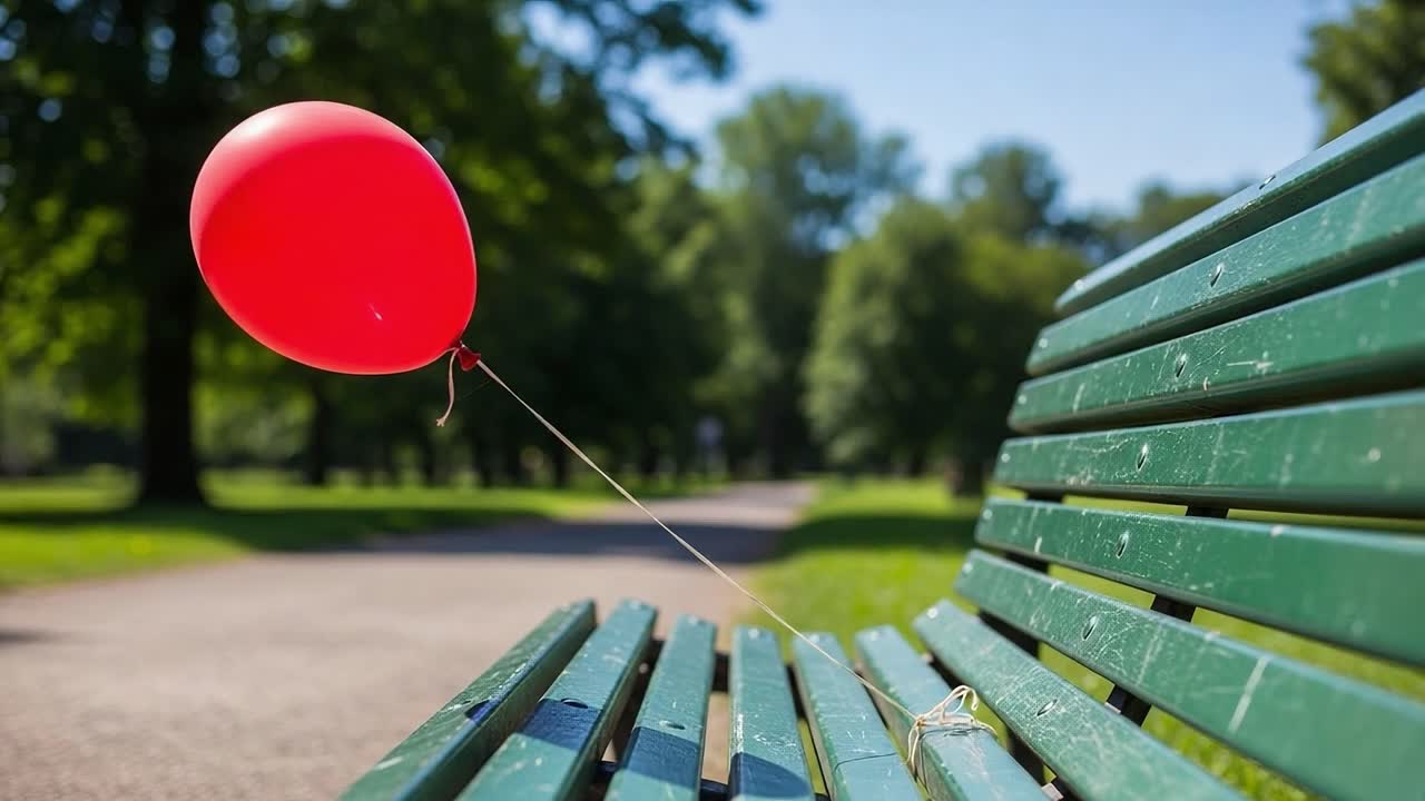 A solitary red balloon floats gently above the wooden slats of a park bench, bathed in warm sunlight and surrounded by lush greenery, evoking feelings of nostalgia and whimsy