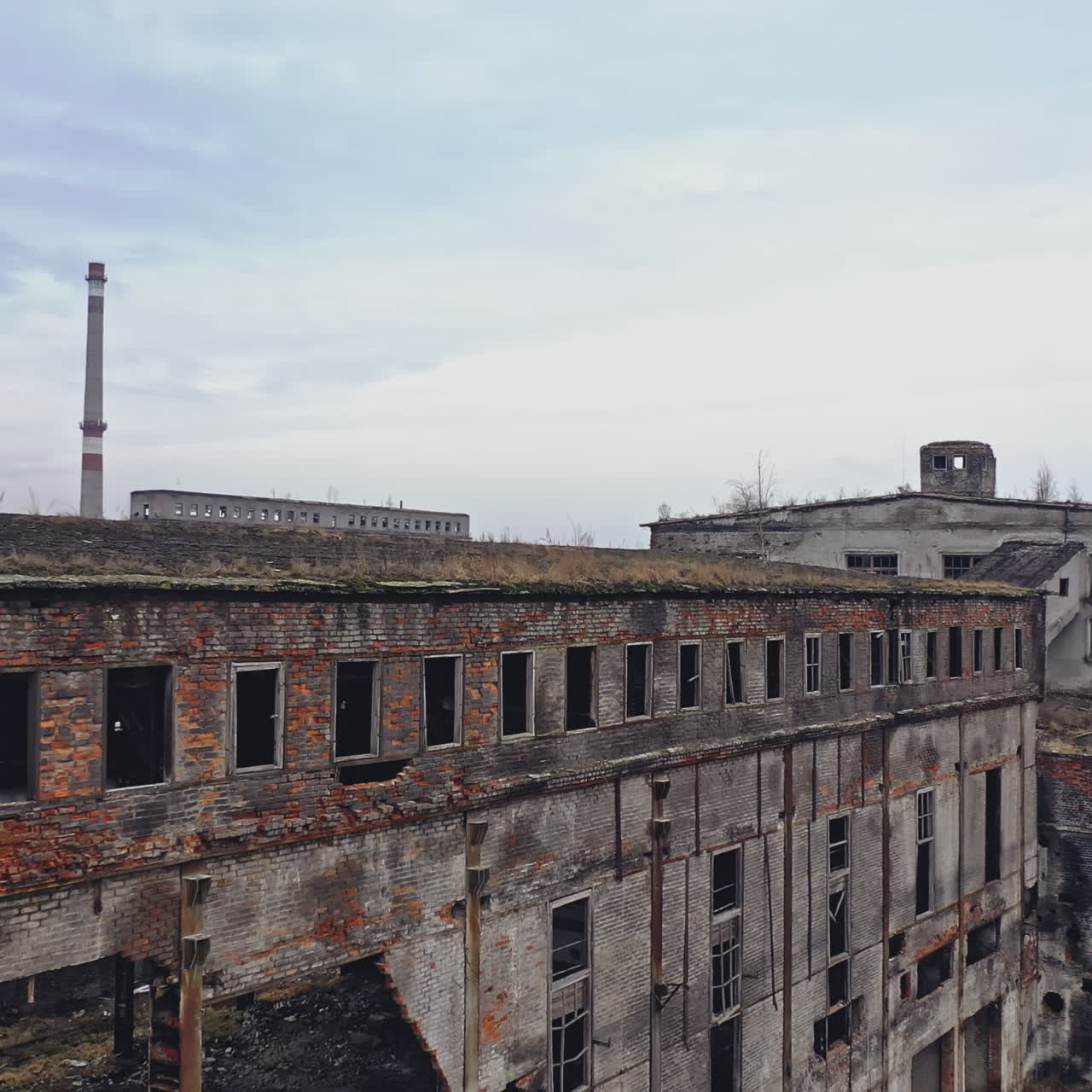 Ruins of an old factory. Old industrial complex. Aerial view