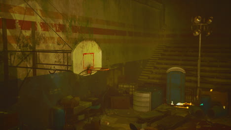 an abandoned basketball court showcasing a worn out ball amidst decay