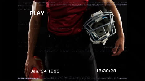 holding helmet and ball, football player with retro vhs animation in field