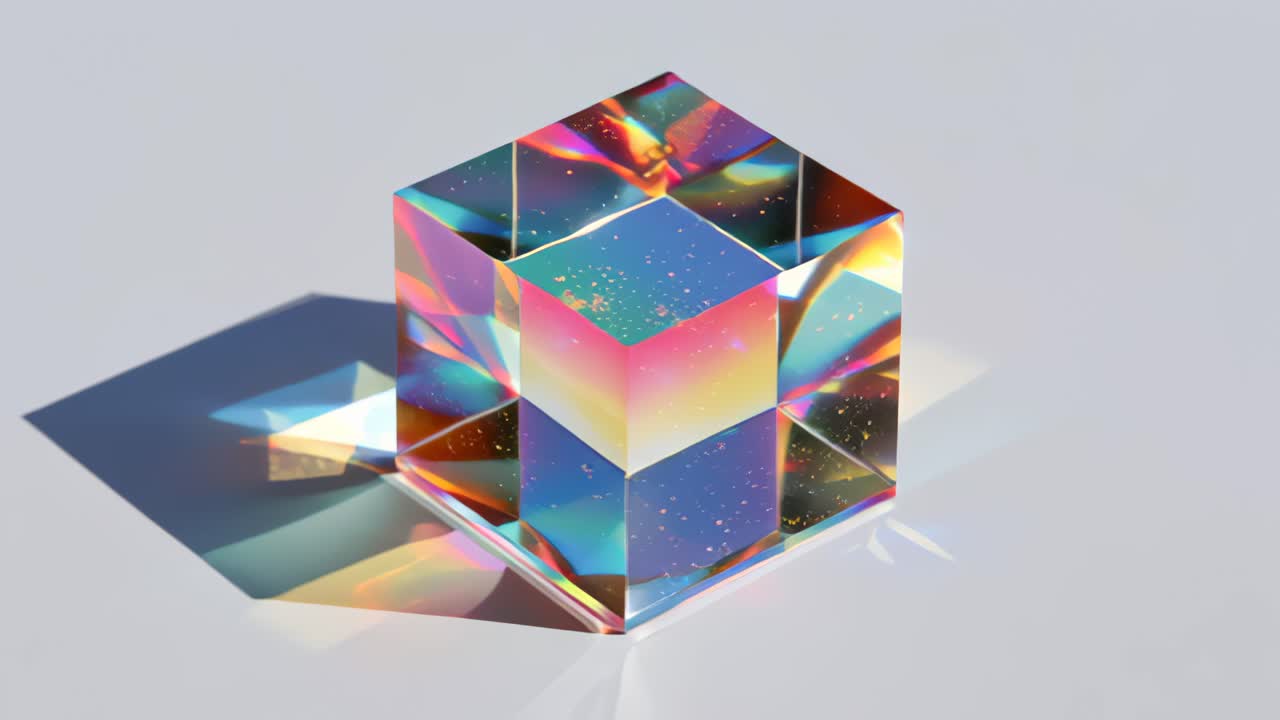 Abstrakt optagelse af en gennemsigtig prismatisk glaskube, der bryder regnbuefarvet lys og kaster farverige refleksioner og skygger på en ren hvid studieoverflade.