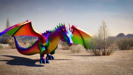 rainbow dragon in a desert landscape