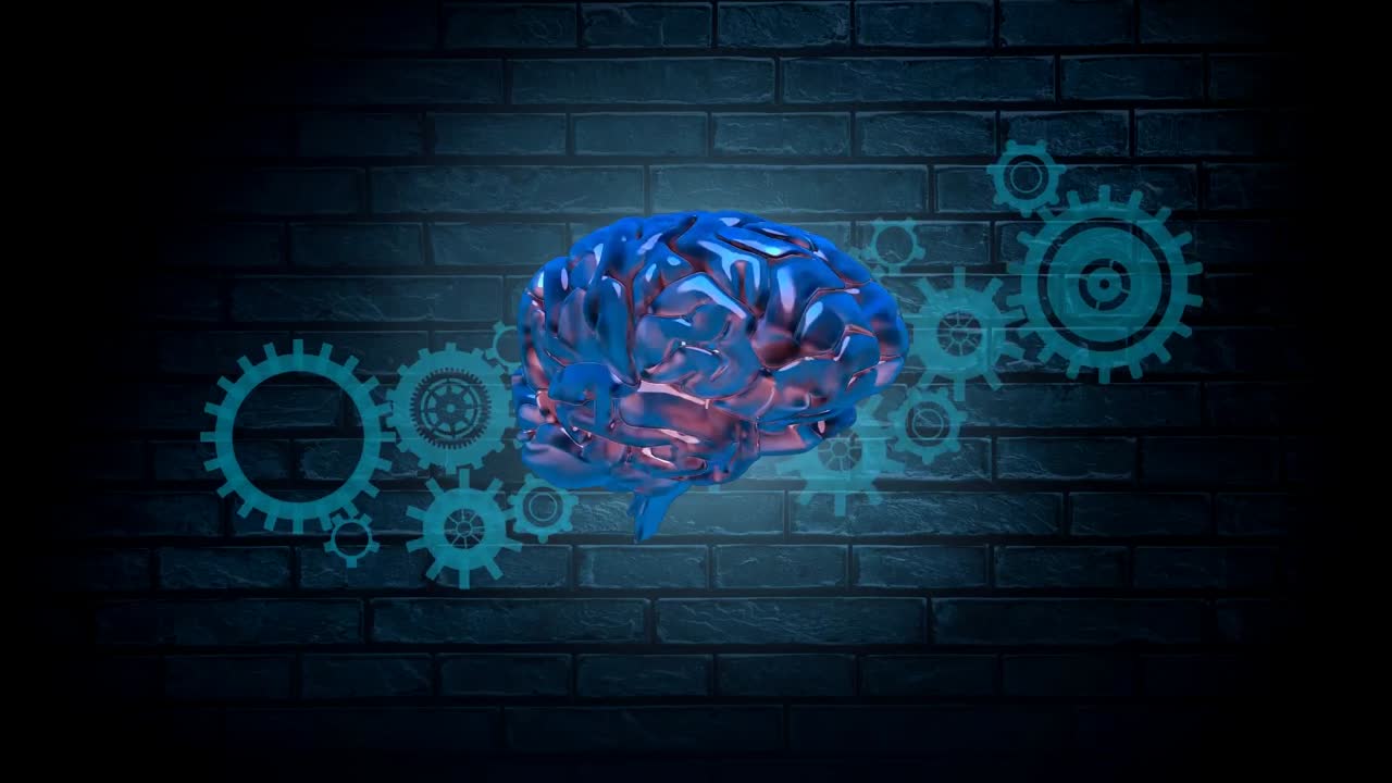 animación del cerebro rotando sobre los engranajes y el fondo de ladrillo azul