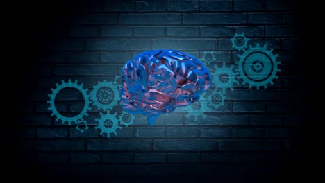 animación del cerebro rotando sobre los engranajes y el fondo de ladrillo azul