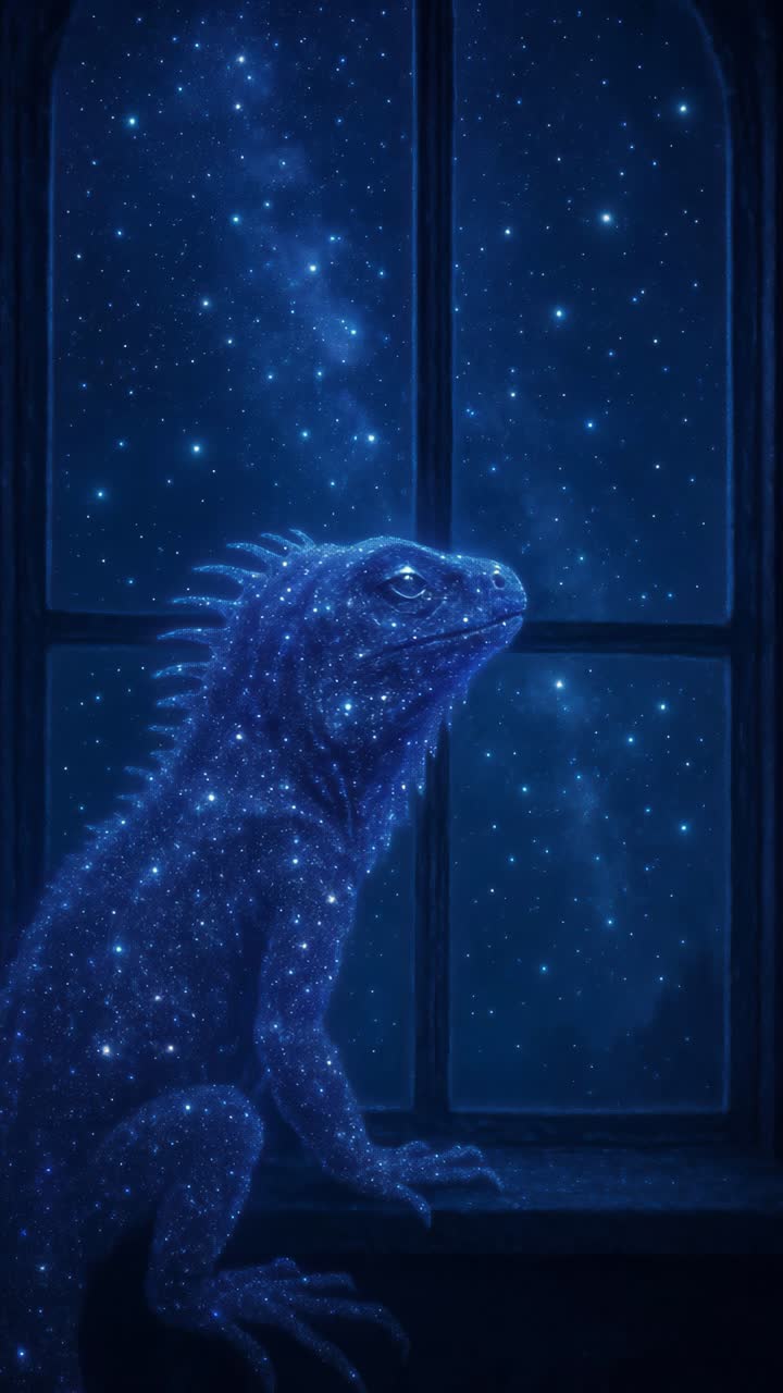 Un'iguana mistica con una texture stellata guarda fuori da una finestra. Scena ripresa da un'angolazione laterale.