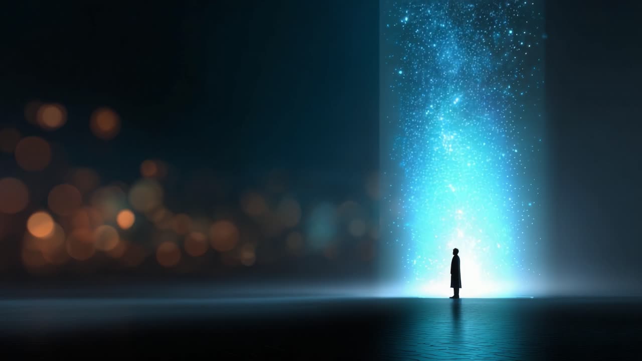A Solitary Figure Stands in Awestruck Wonder Beneath a Radiant Portal of Stars and Light, Surrounded by a Dreamlike, Ethereal Environment Full of Mystique