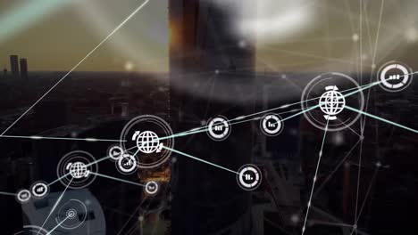 animation of network of connections over cityscape