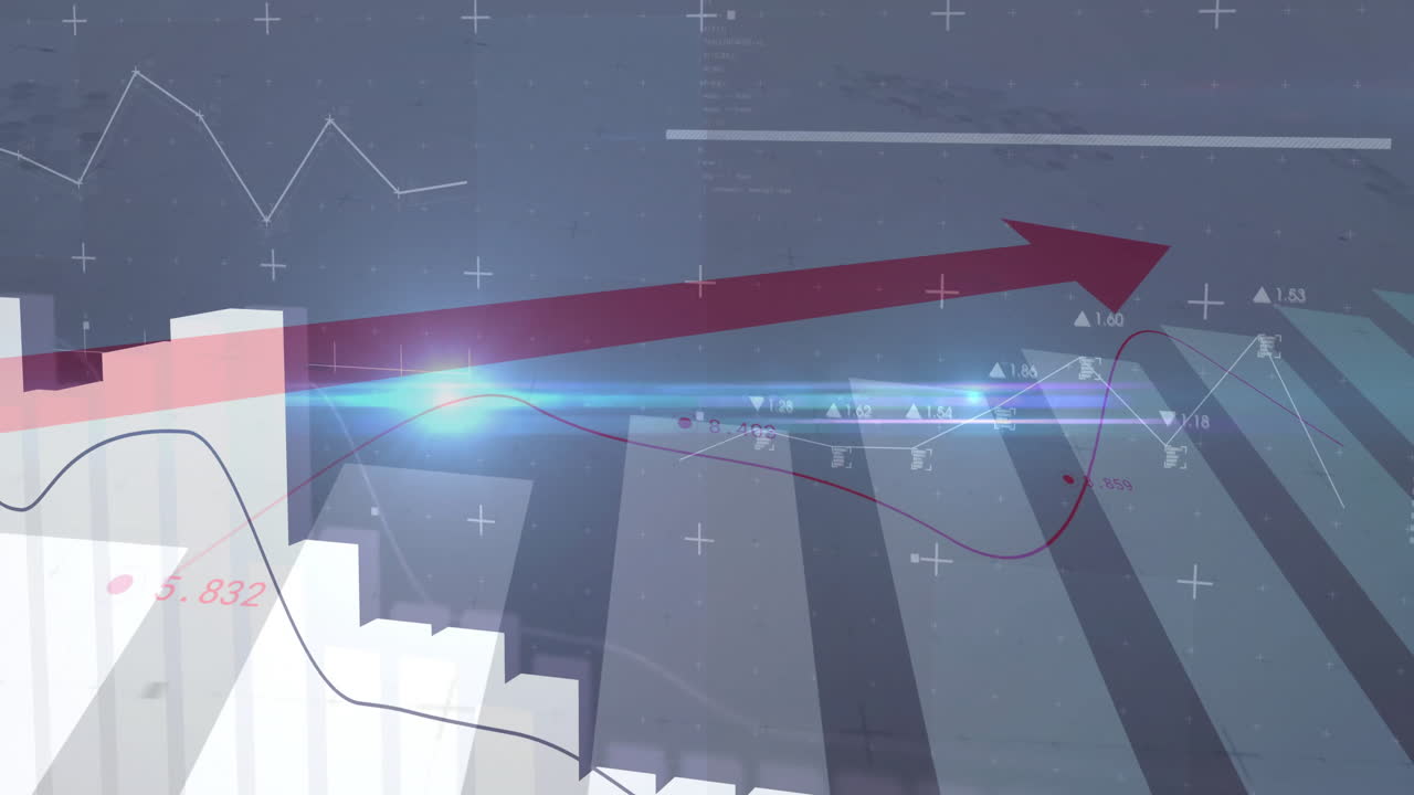 Red arrow climbing upward over translucent 3D bar charts and colored line graphs on grid interface