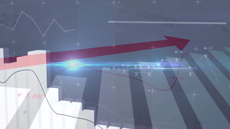 red arrow climbing upward over translucent 3d bar charts and colored line graphs on grid interface