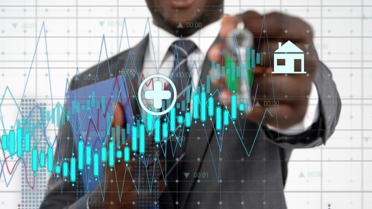 animação de processamento de dados financeiros sobre empresário afro-americano com chaves.