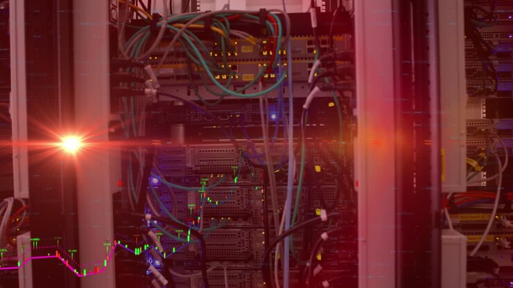 Composite video of bright spot of light and data processing against computer server room
