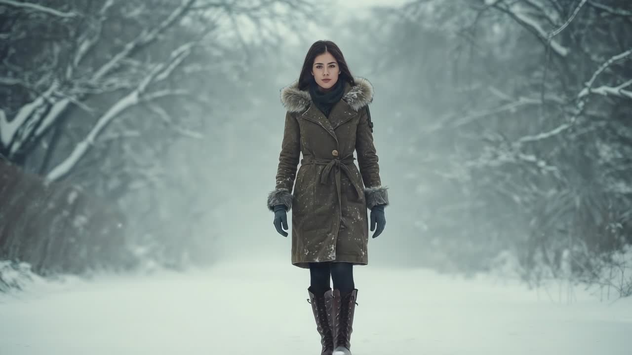 Walking Asian woman stepping through snow-covered forest path, leaving footprints and swaying parka