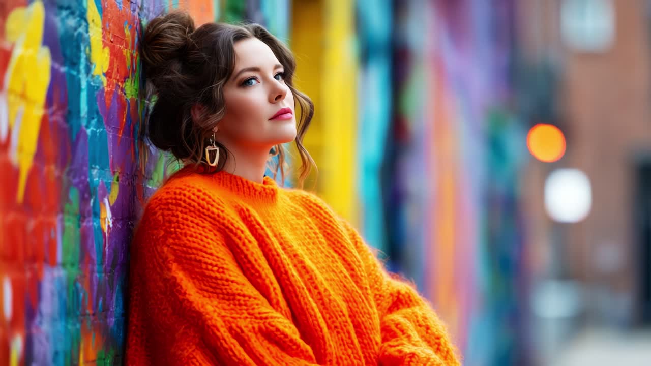 A Young Woman in a Vibrant Orange Sweater Relaxes Against a Colorful Graffiti Wall, Emphasizing Style and Artistic Expression in a Contemporary Urban Setting