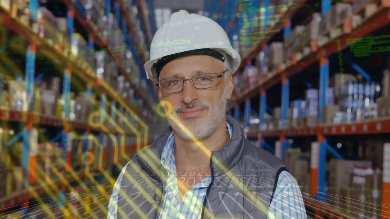 Animazione di elaborazione dati digitale su magazziniere caucasico
