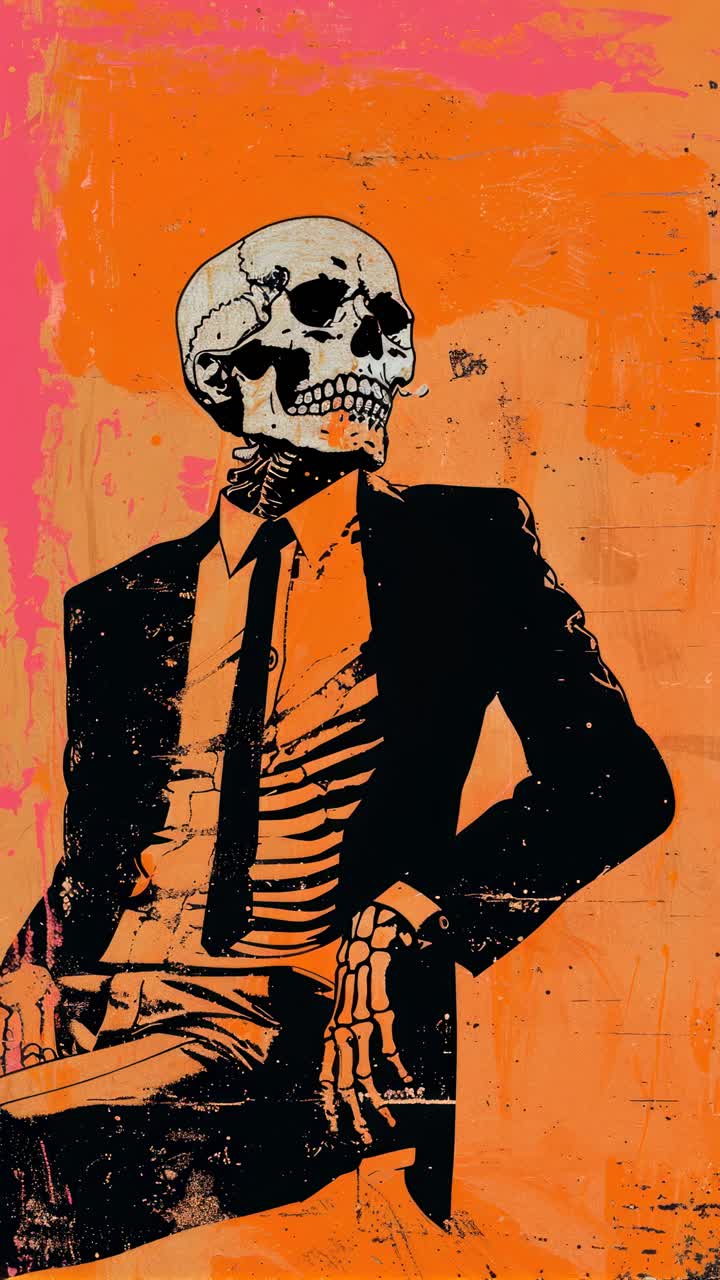A skeleton in a suit smokes, captured in a mid-shot with a pop-art style