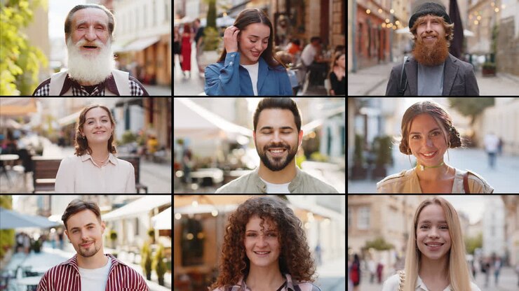 Collage aus Porträts: lächelnde, glückliche Menschen verschiedener Geschlechter und Kulturen, multiethnische Männer und Frauen.