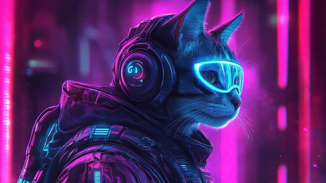 Gatto cyberpunk con cuffie e occhiali