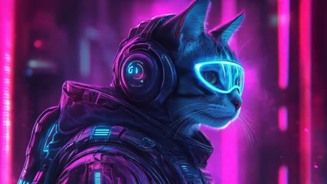 cyberpunk cat with headphones and glasses