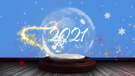 Animation-of-2021-in-snow-globe-and-shooting-star-on-blue-background