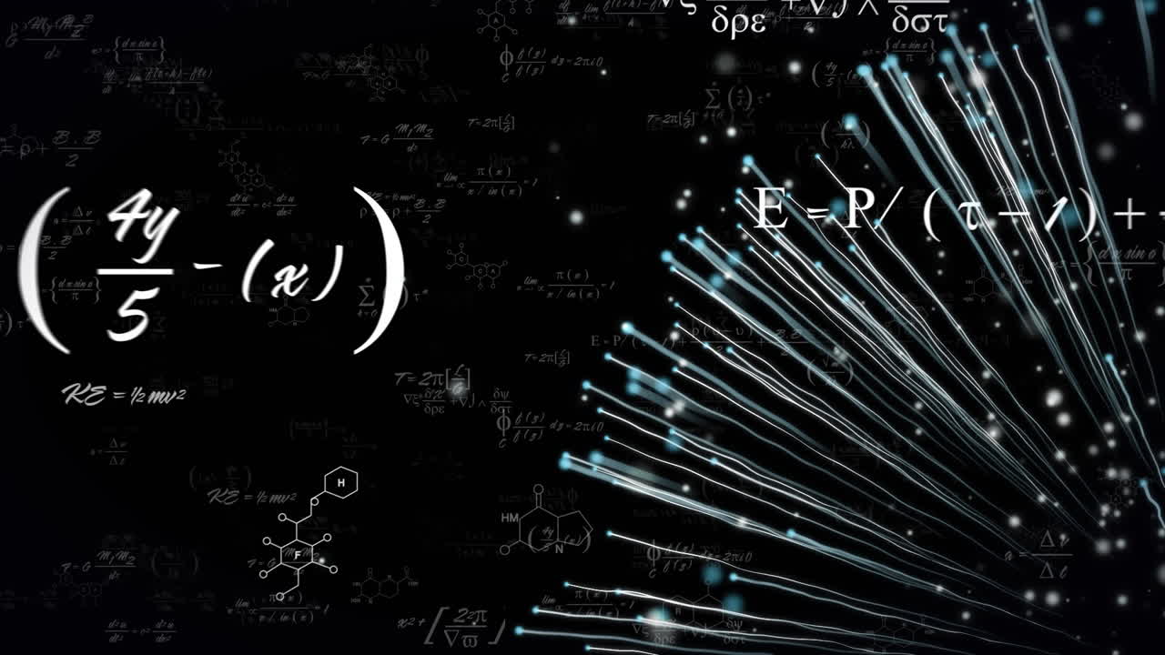 Animation of mathematical equations and spots on black background