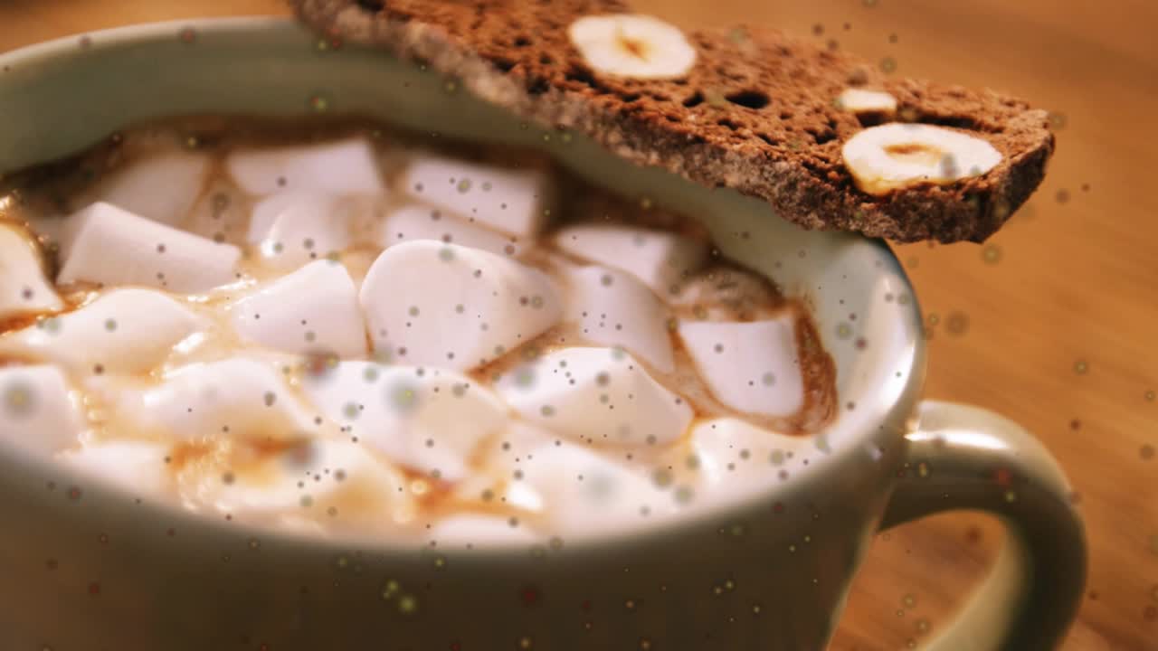 Sliding crispbread onto rim, cocoa steaming, drifting sparkles, bobbing marshmallows adding glow