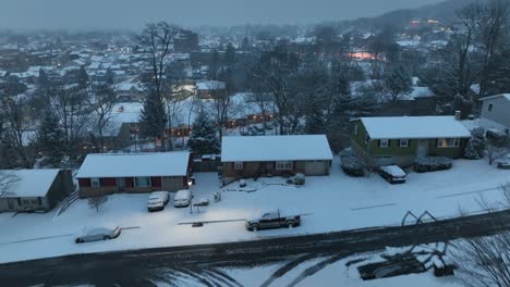 american town at dawn with snow