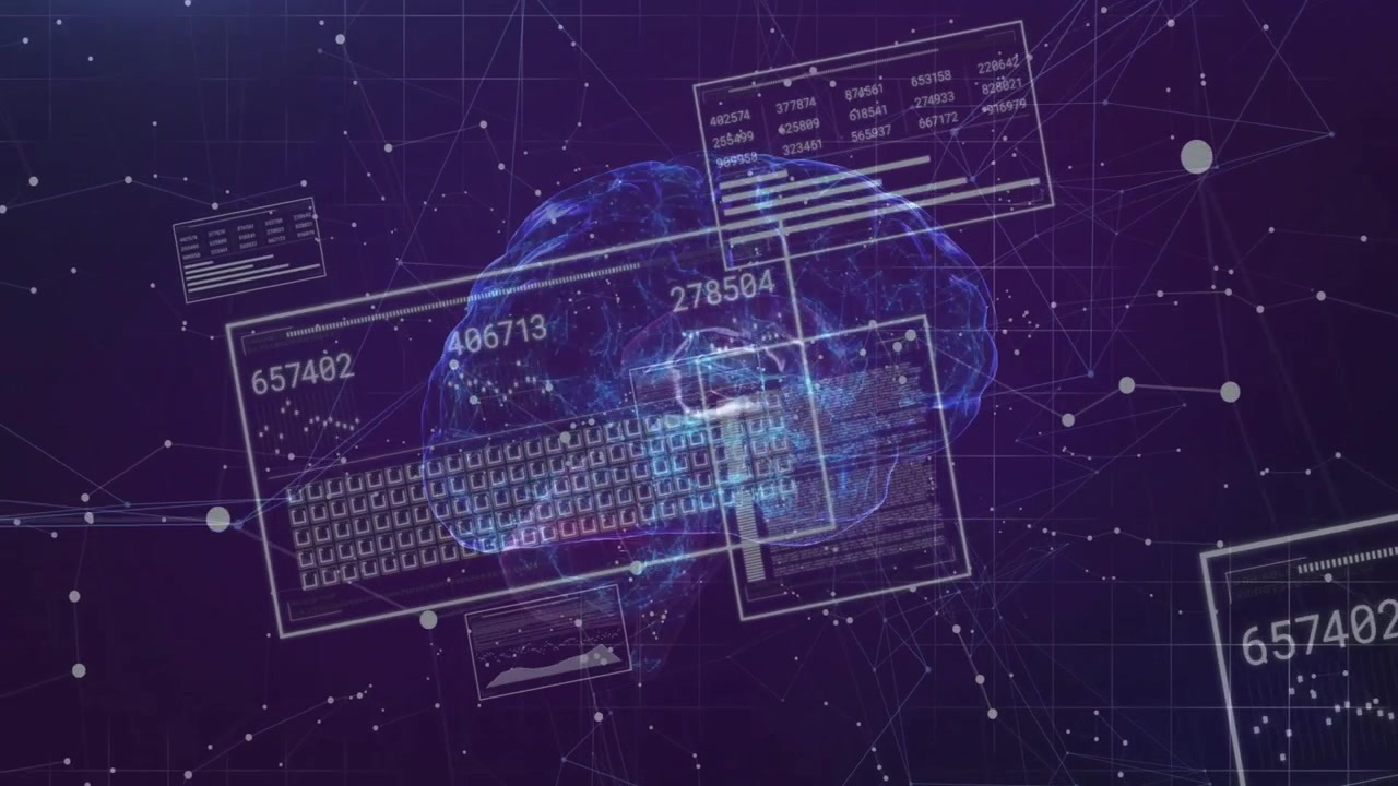 On start glowing 3D brain rotating while UI panels updating numbers capturing neural data