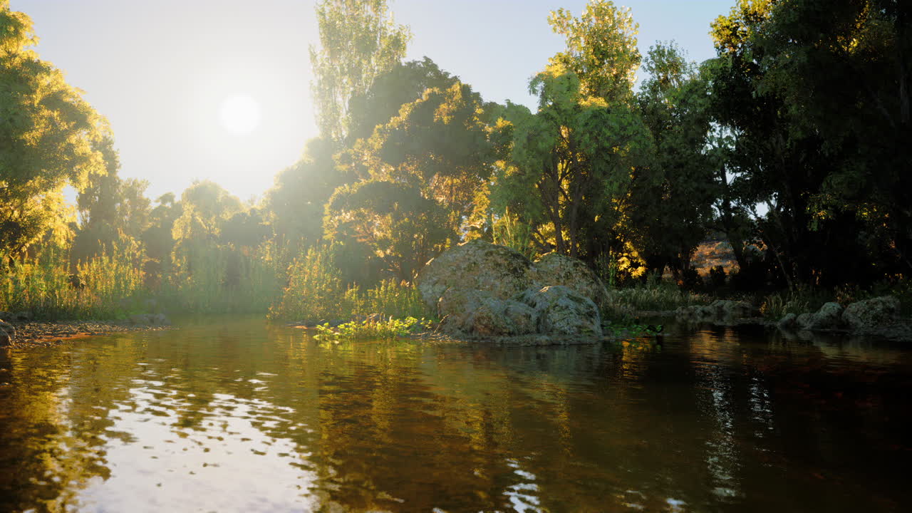 Tranquil riverside view during golden hour with lush greenery and calm water