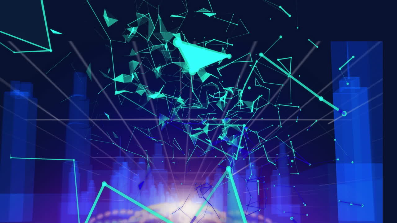Animation of glowing blue and green lines forming digital cityscape network