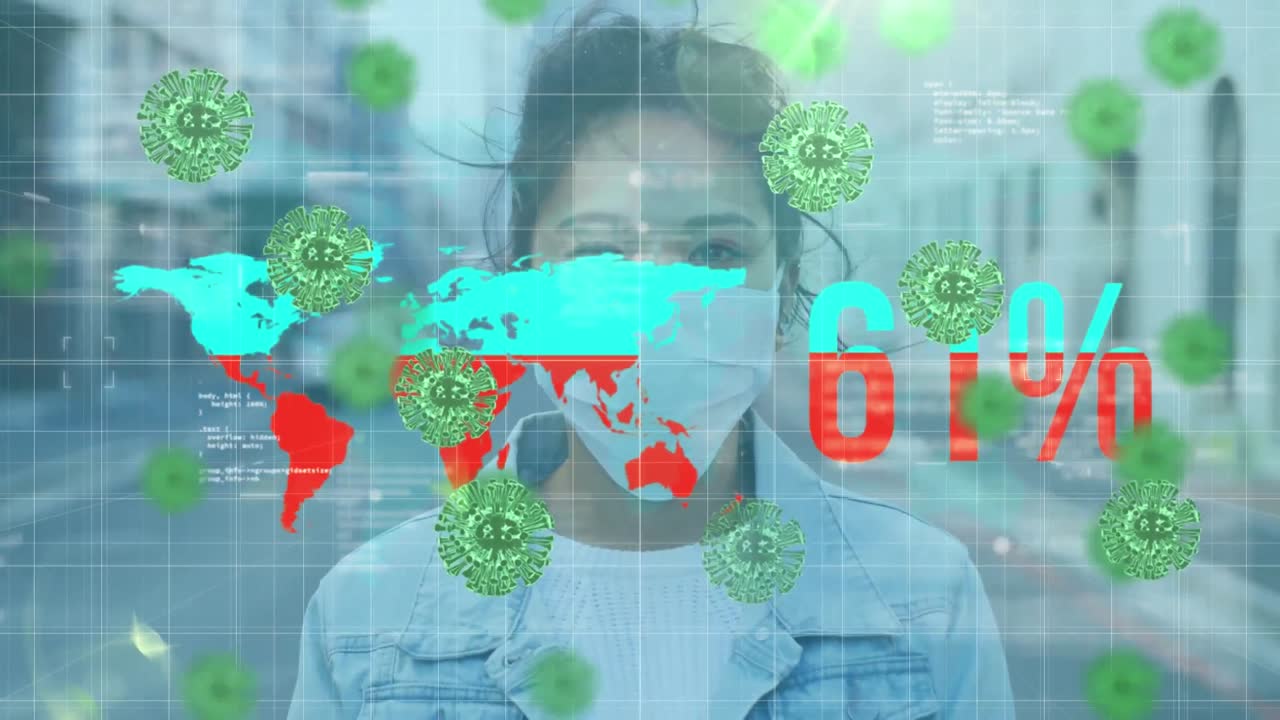 Animation of covid 19 cells and numbers processing over woman in face mask