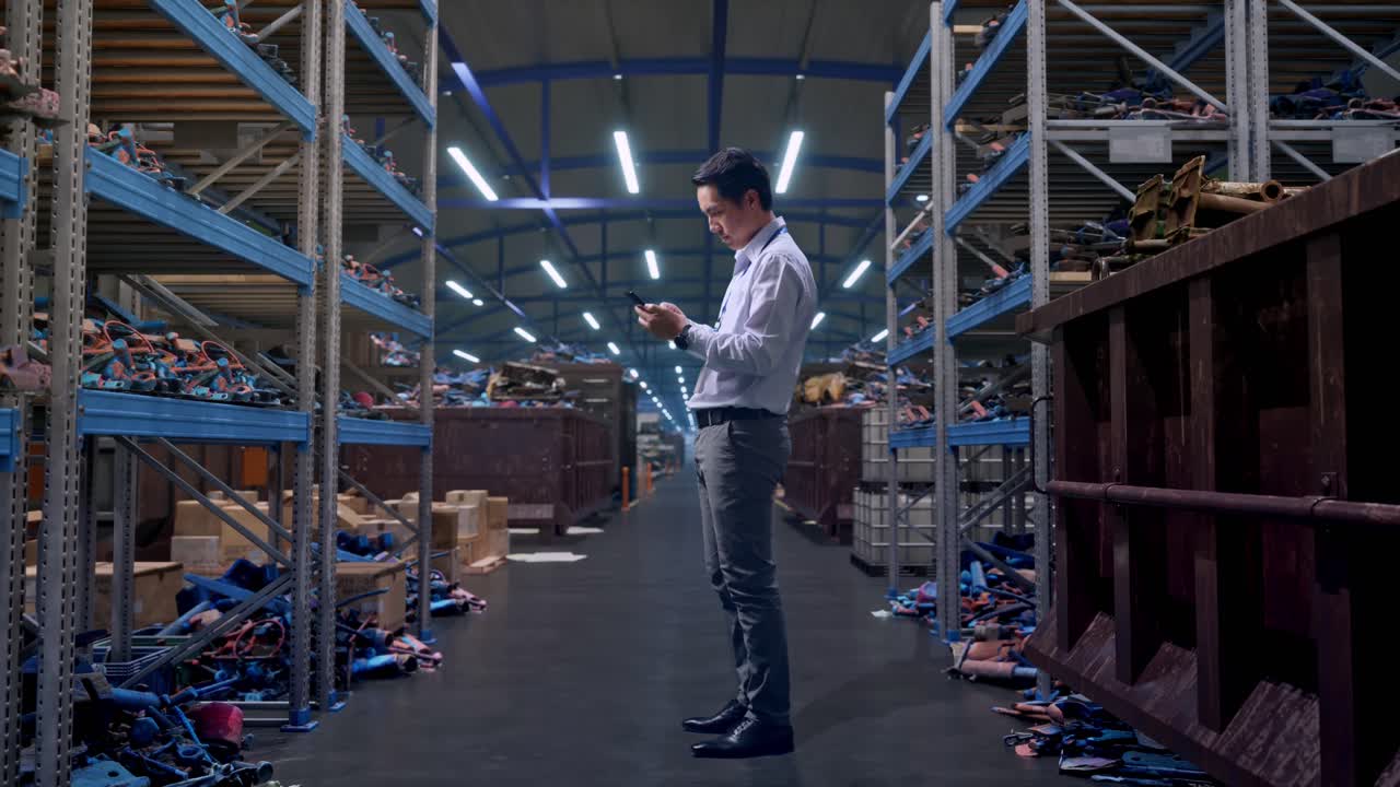 Vista laterale a figura intera di un lavoratore professionista maschio asiatico in piedi con il suo telefono, in un magazzino industriale di rottami metallici e riciclaggio, che lavora continuamente con il suo telefono.