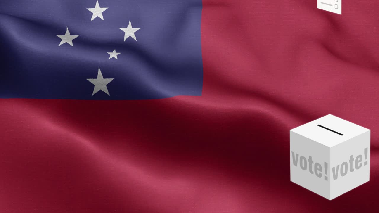 las papeletas de votación vuelan a la caja para la selección de samoa - caja de votación frente a la bandera - elección - voto - bandera de samoa - bandera de samoan alto detalle - bandera nacional patrón de onda de samoa elementos loopable
