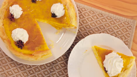 crepe cake, pastry and slice on table with cream