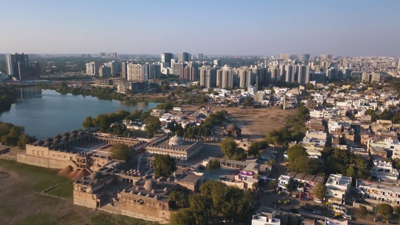 Jama Masjid in Ahemdabad, Gujarat, India. Drone Shot of the beautiful mosque and city around