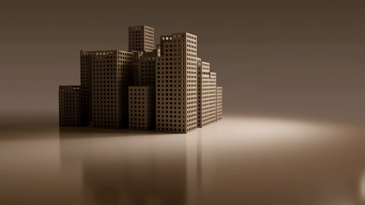 Abstract City Buildings Model with Reflection in Sepia Tones