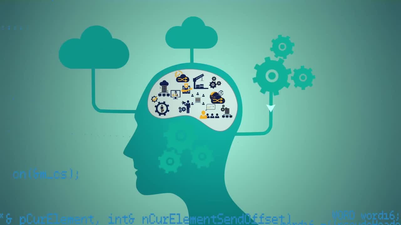 animación de la cabeza humana con iconos digitales, nubes y procesamiento de datos