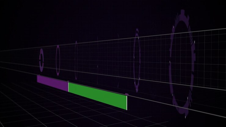 Barra de visualización de datos siendo animada en una cuadrícula de wireframe 3D, con anillos morados flotantes