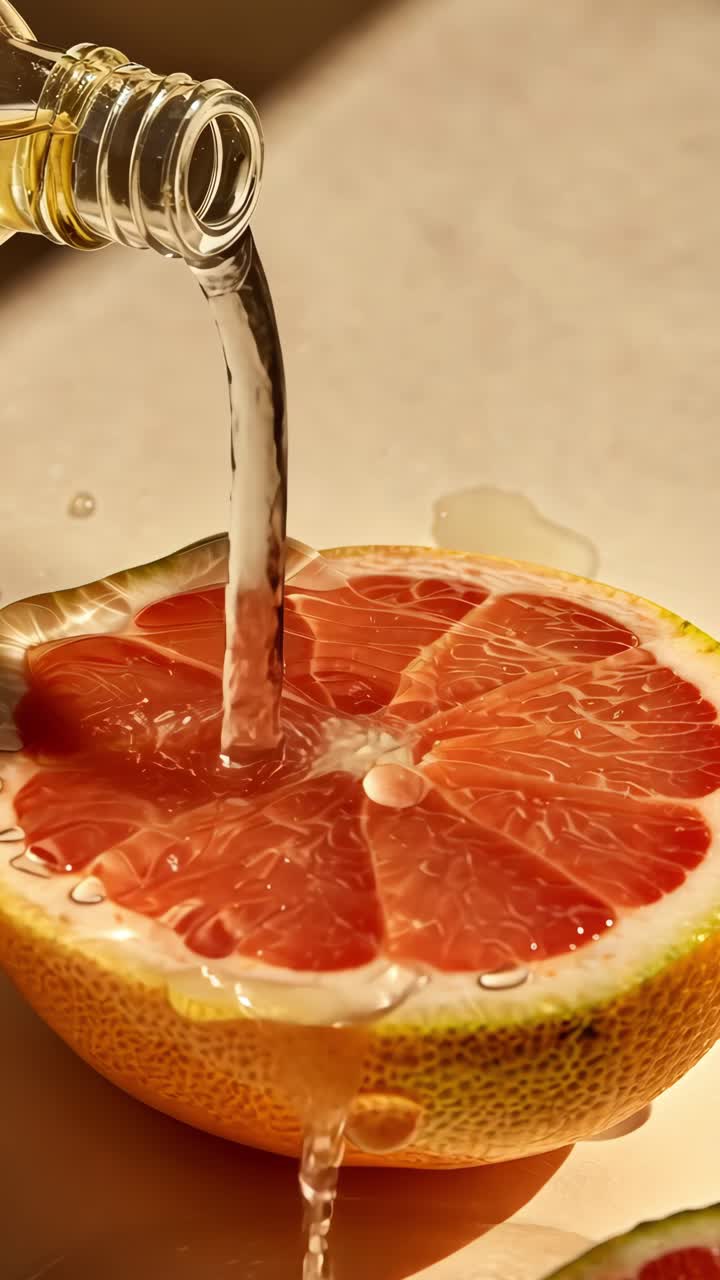 Primo piano video di olio versato su un pompelmo tagliato a metà.