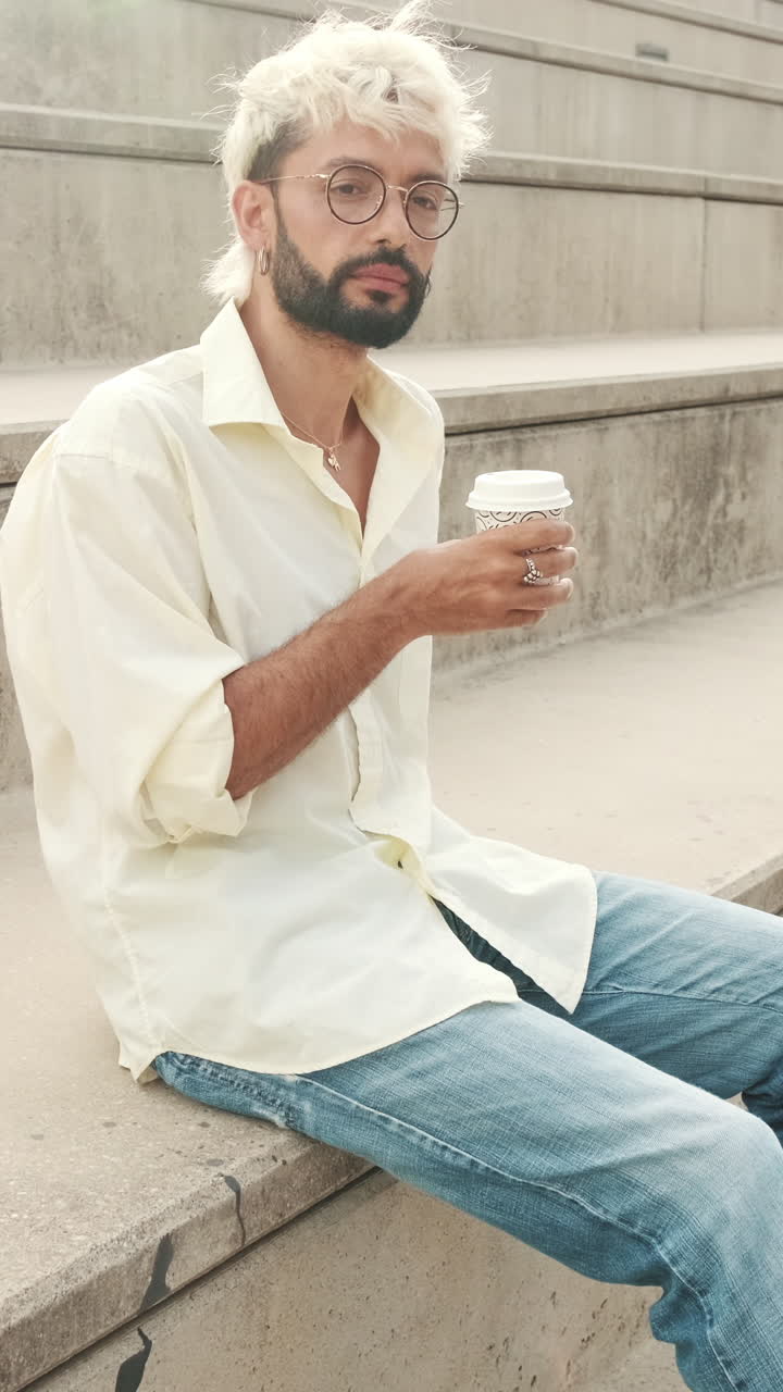 Ung mand sidder på betontrapper og holder en kaffekop
