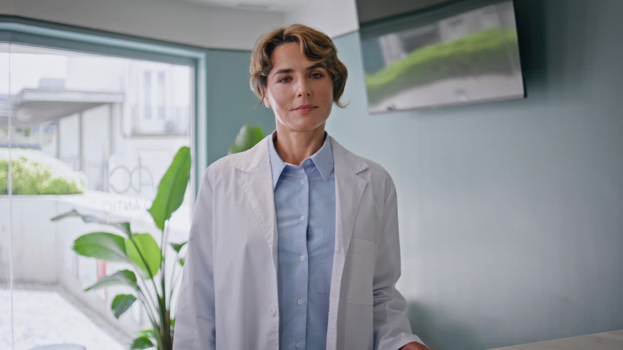 Confident doctor standing healthcare office. Medical professional posing clinic