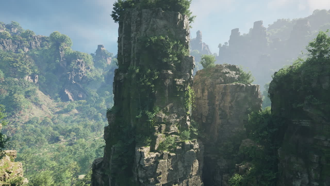 높은, 가파른 절벽과 바위 얼굴과 초록색 나무