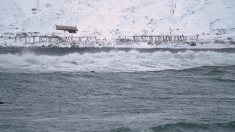 olas del océano ártico rompiendo en la costa con estantes de pescado para la industria del pescado seco en segundo plano