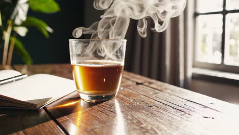 a cup of tea on a wooden desk