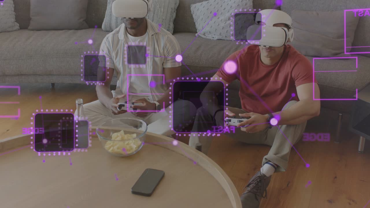 Two men in VR headsets pressing controllers, gaming while purple AR overlay drifting across players