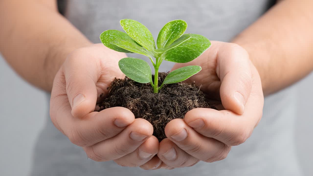 A Symbol of Growth: Nurturing a Green Seedling in Hands, Emphasizing the Connection Between Nature and Human Care for Sustainability and Environmental Health