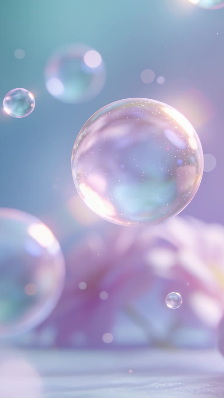 Vertical video: Flare sending large bubble drifting and rotating in pastel with bokeh showing glow
